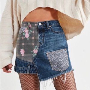 UO BDG Patchwork Floral Denim Cut Off Skirt